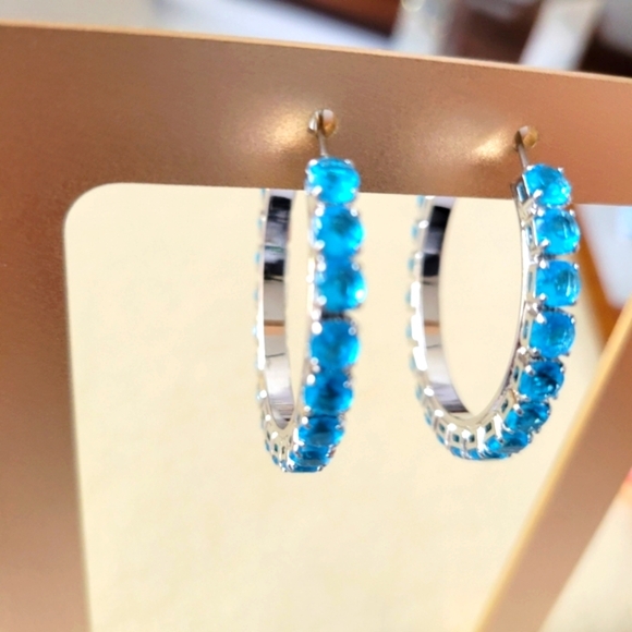Cubic Zirconia Hoop Earrings (Aqua) Pierced / New Without Tags - Picture 1 of 6
